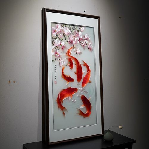 鱼戏花锦鲤纯手工刺绣精品玄观挂画新中式过道壁画高端大气上档次