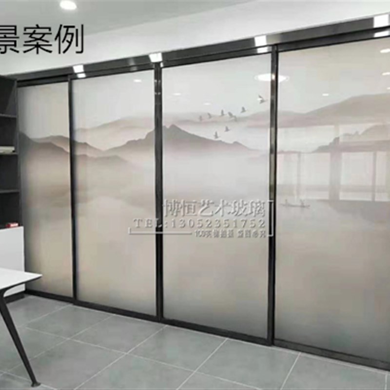定制艺术玻璃夹丝玻璃隔断屏风夹山水画装饰玻璃墙钢化新中式玻璃