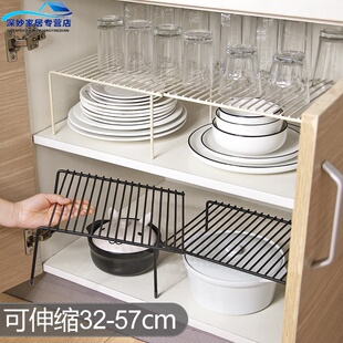 可伸缩铁艺厨房分层置物架整体橱柜碗碟架厨具沥水收纳层架家用隔