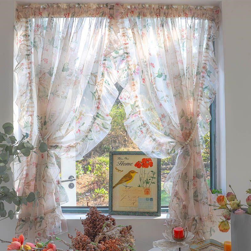 美式田园碎花纱帘免打孔蕾丝半帘魔术贴自粘窗帘小窗户窗纱定制