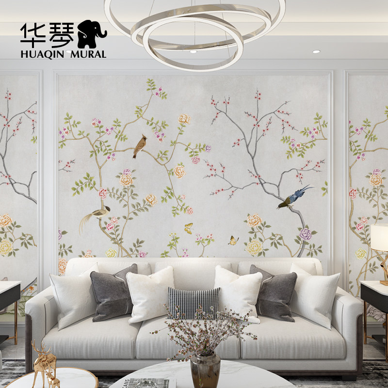 美式花鸟电视背景墙壁画新中式影视墙壁纸 客厅卧室墙纸无缝墙布