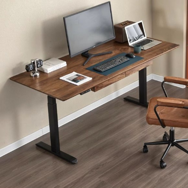 电动升降书桌可调节黑胡桃木工作台实木原木智能电竞学习桌电脑桌