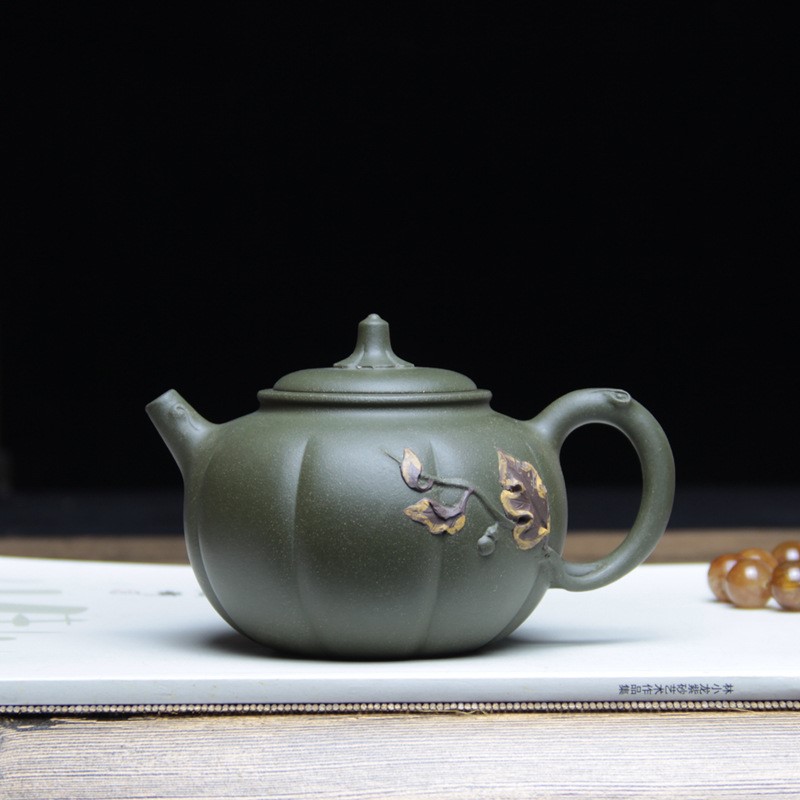 宜兴国工绿泥紫砂壶南瓜壶纯手工泥绘王镇学大容量泡茶壶茶具秋韵