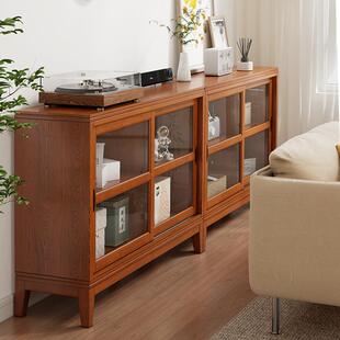 家用日式矮柜储物柜一体美式带玻璃推拉门实木新品矮书柜落地客厅