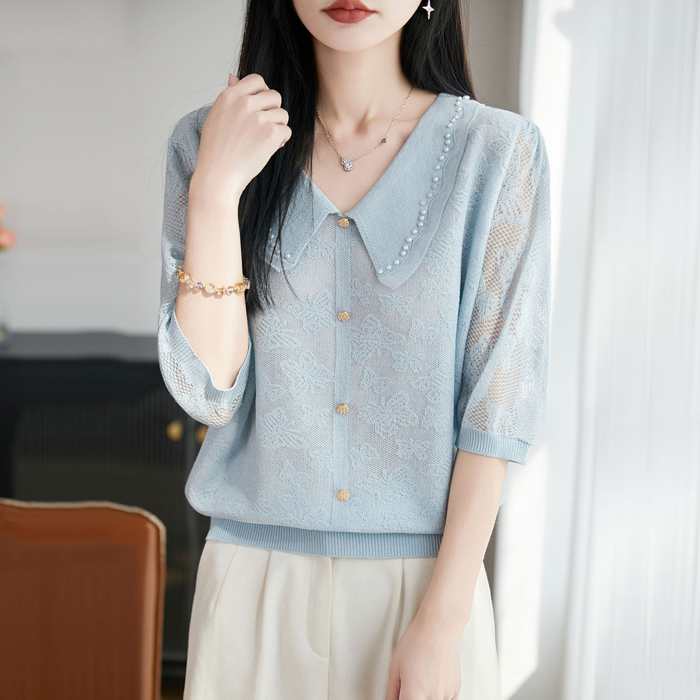 温柔风娃娃领蕾丝针织衫女薄款