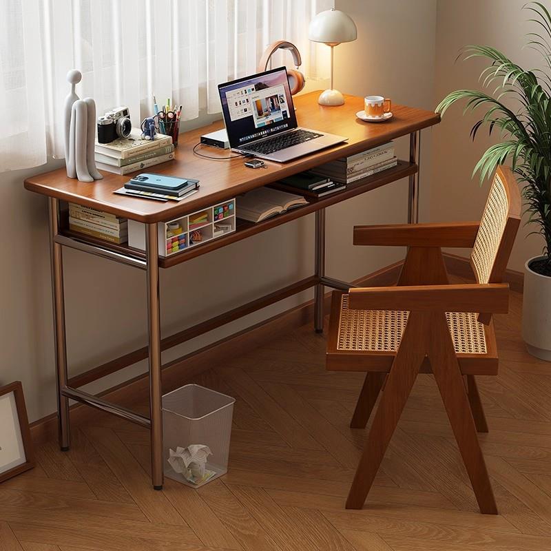 实木书桌家用极窄电脑桌小户型学生简约写字桌不锈钢桌腿办公桌子