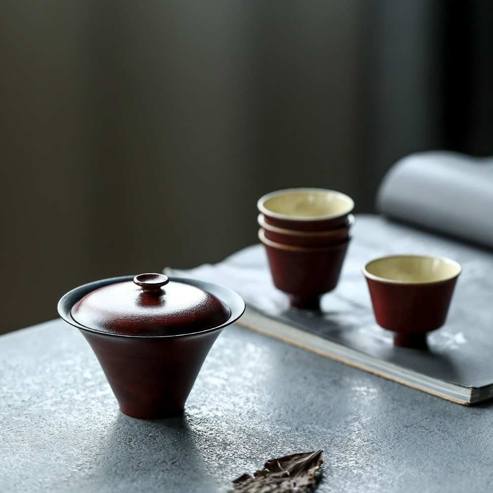 景德镇故宫红极简概括盖碗陶艺家系列茶杯仿古品茗杯文人茶具套装