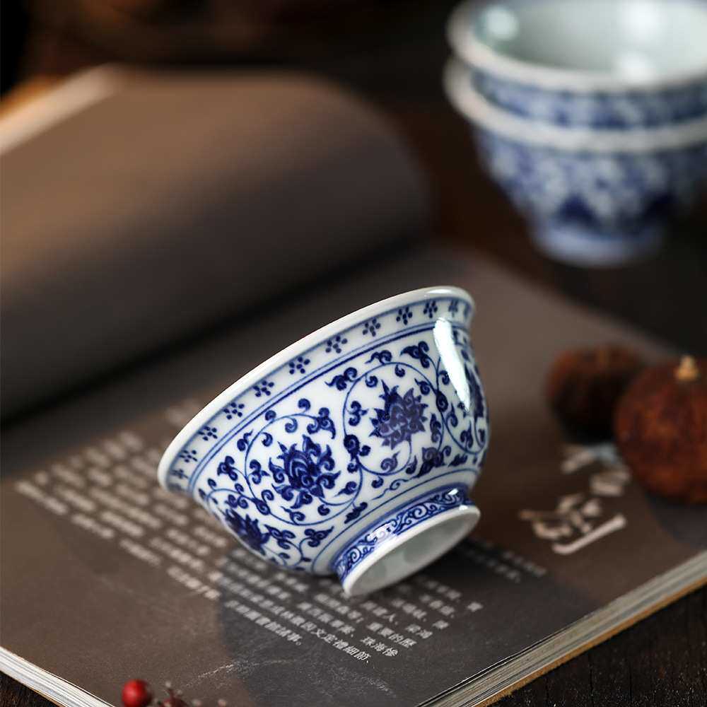 博物馆手绘青花永乐压手杯景德镇品茗茶杯陶瓷中式复古主人杯