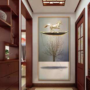 新中式入门玄关装饰画竖版以梦为马酒店走廊过道挂画摆渡人船壁画