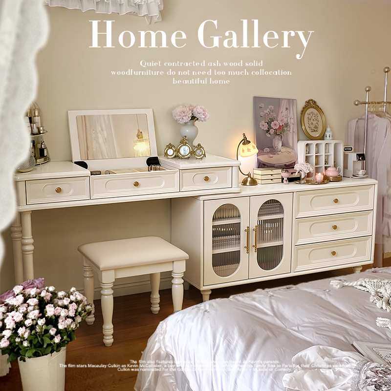 法式实木梳妆台斗柜一体奶油风白色化妆桌卧室床尾柜美式小户型