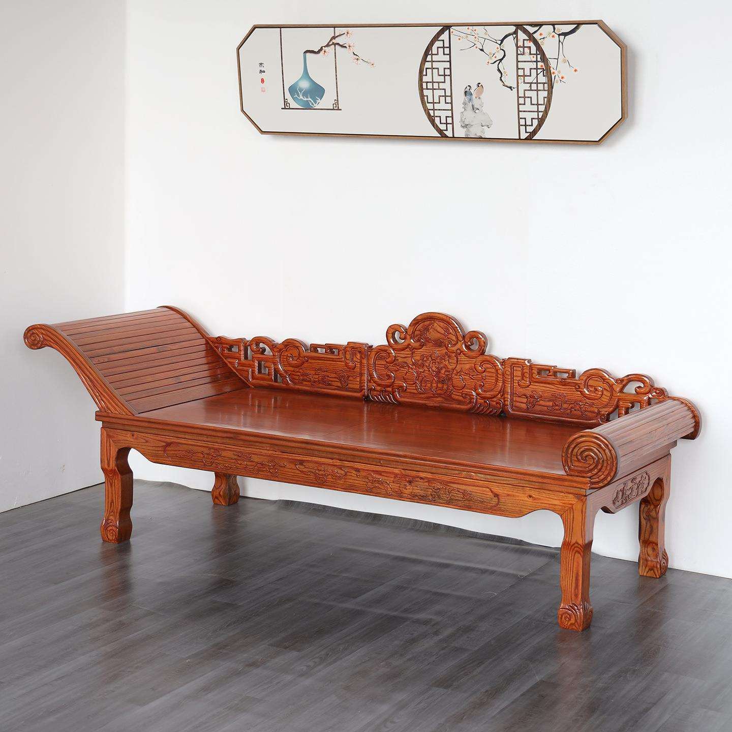 中式实木贵妃床榆木雕花仿古美人榻单人罗汉床小户型客厅沙发躺椅