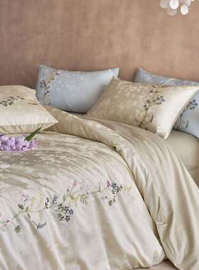 轻奢风超柔澳棉全棉四件套高精密花卉刺绣提花纯棉被套床品粉绿色