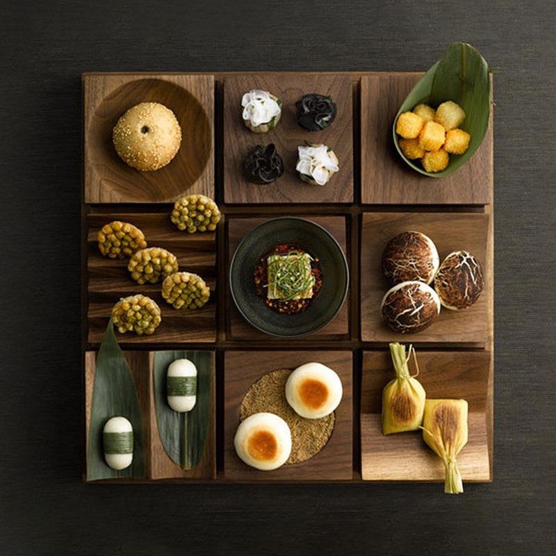 餐厅创意木质餐具甜点托盘廊桥玩味九宫格盘酒店中式点心盘菜盘子