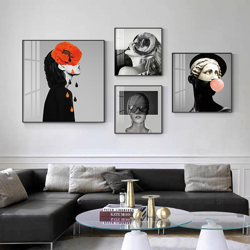 现代简约创意人物客厅装饰画北欧风黑白抽象餐厅壁画卧室床头挂画