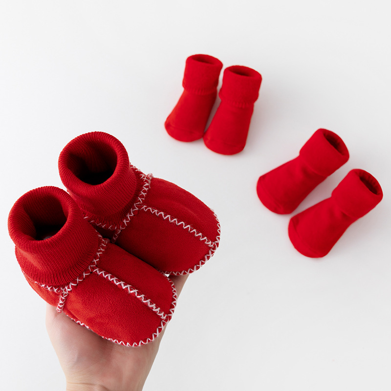 麂皮绒宝宝鞋袜婴儿加绒保暖秋冬季软底袜套婴儿红色过年宝宝袜