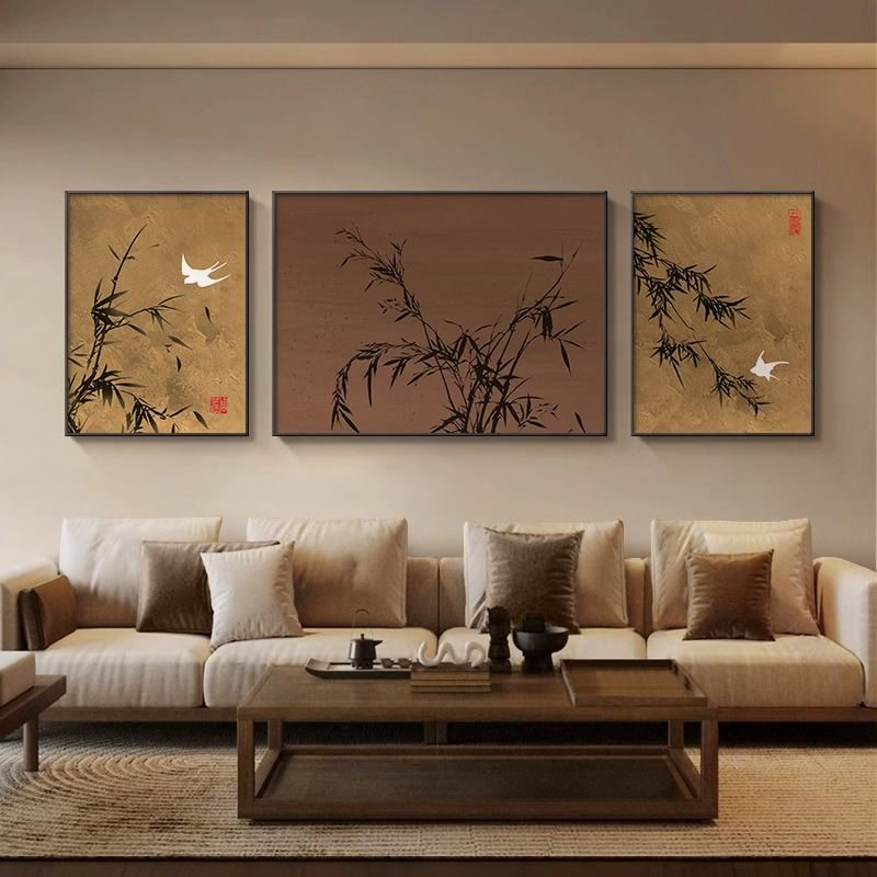 新中式高风亮节沙发背景墙挂画三联组合壁画中古风竹子客厅装饰画