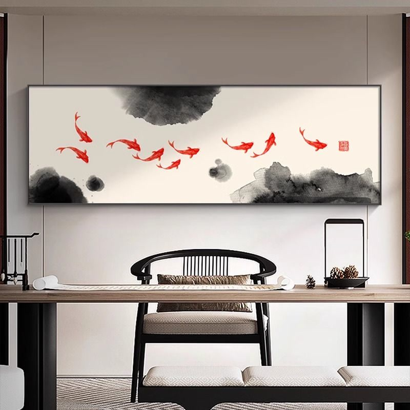 中式九鱼茶室装饰画横幅水墨客厅沙发背景墙挂画禅意卧室床头壁画图片