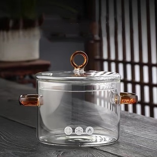 加厚耐高温透明玻璃锅双耳绿把汤锅简约高鹏硅家用木珠盖汤煲