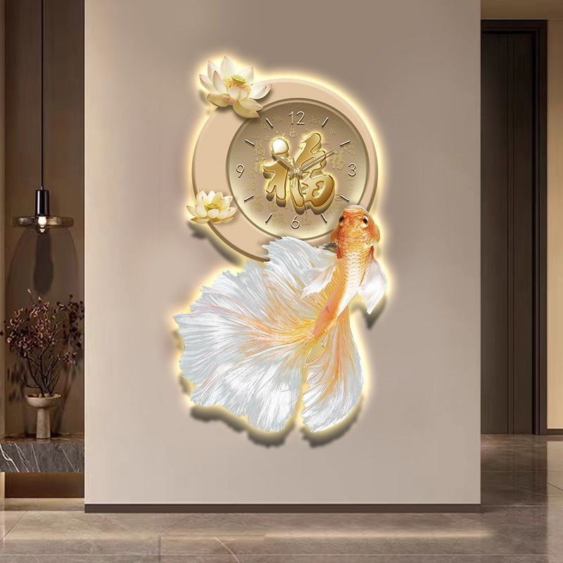锦鲤荷花发光入户玄关装饰画带灯走廊轻奢过道挂画壁画简约现代图片