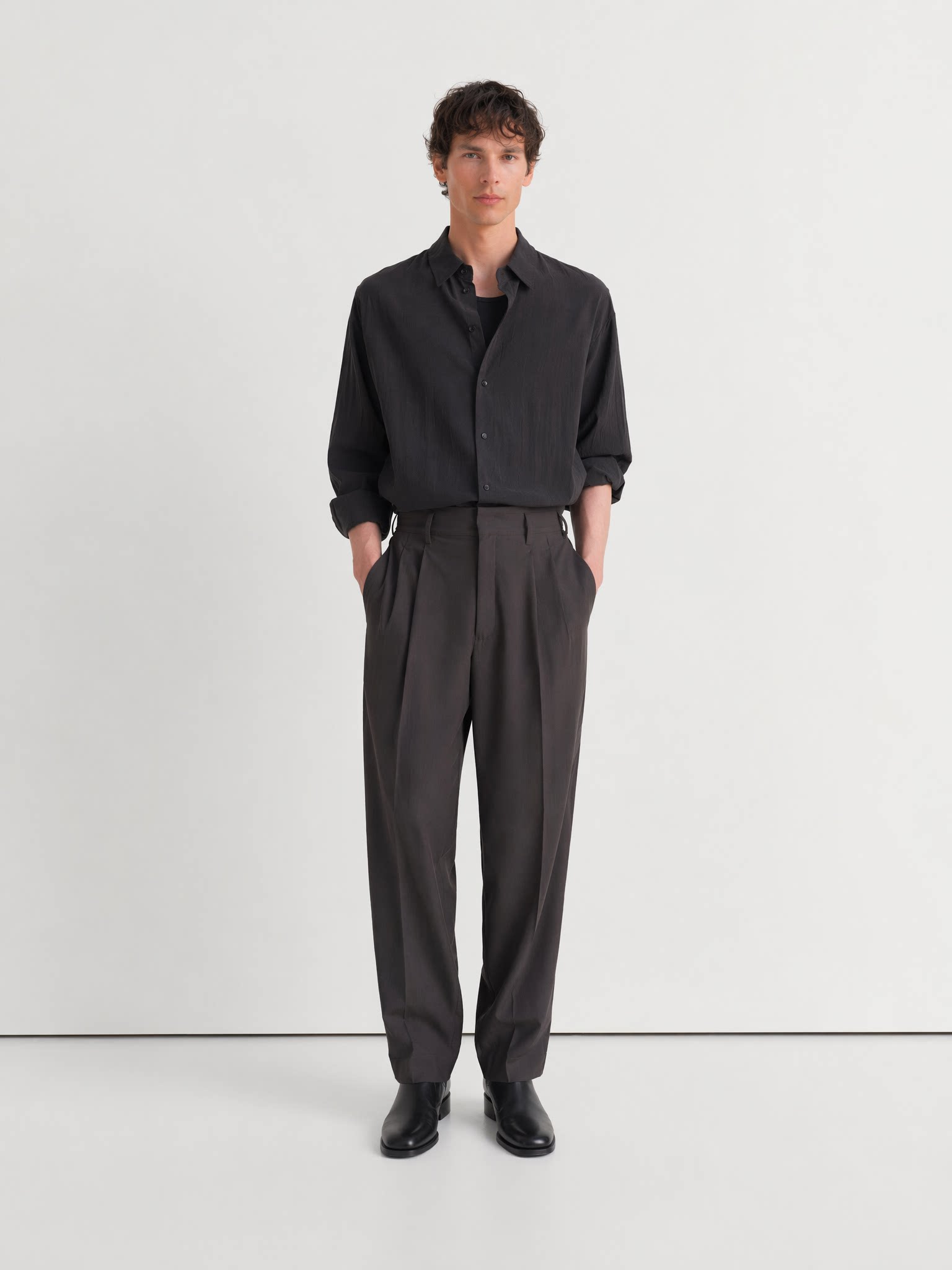 thumbnail for LEM Style 25SS yarn-dyed floral tulle coffee color tapered old money Naples loose straight-leg wool dress pants
