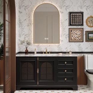 法式轻奢复古浴室柜组合落地式实木卫生间洗漱台岩板无缝陶瓷盆柜