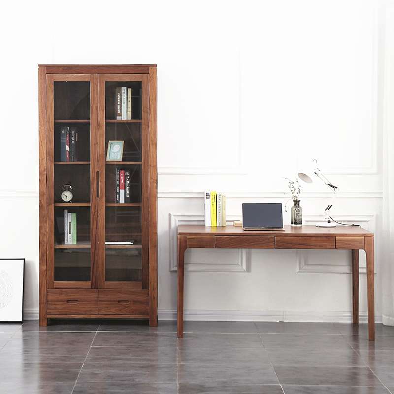 北欧黑胡桃木全实木书柜书橱玻璃门置物柜书架简约式现代书房家具