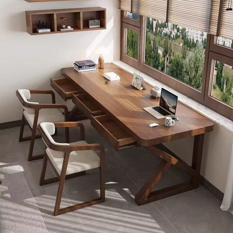 2026北欧全实木电脑桌双人长条桌带抽屉家用学习桌卧室简约实木办