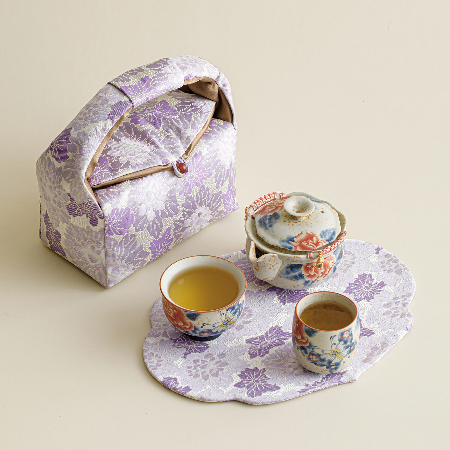 焦糖釉蝶恋牡丹宝瓶壶一壶二杯旅行茶具带锦绣干泡席家用简易泡茶
