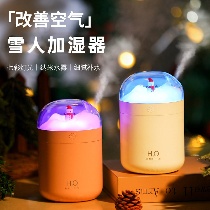 2024圣诞雪人加湿器 小型卧室车载超大雾量喷雾七彩氛围灯加湿器