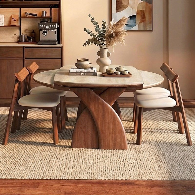 洞石岩板餐桌胡桃木色中古风实木伸缩折叠餐桌椅2026新款可变圆桌,住宅家具,岩板餐桌,淘宝优惠券,粉丝福利购,淘宝优惠卷