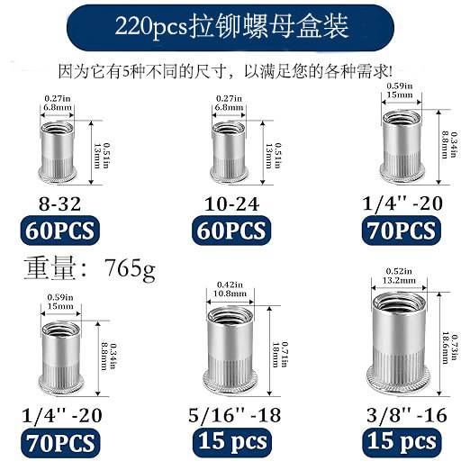 厂家供跨境-220pcs不锈钢拉铆螺母盒装304SS适用于汽车家具装饰等