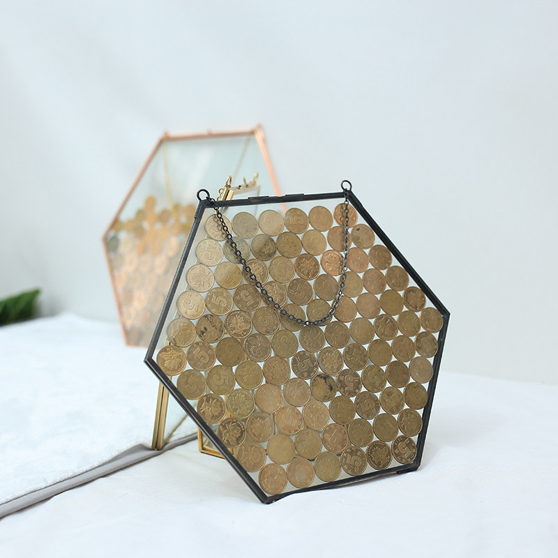 六边形硬币收藏相框玻璃透明标本夹挂墙装饰钱币T收纳金属铜边画