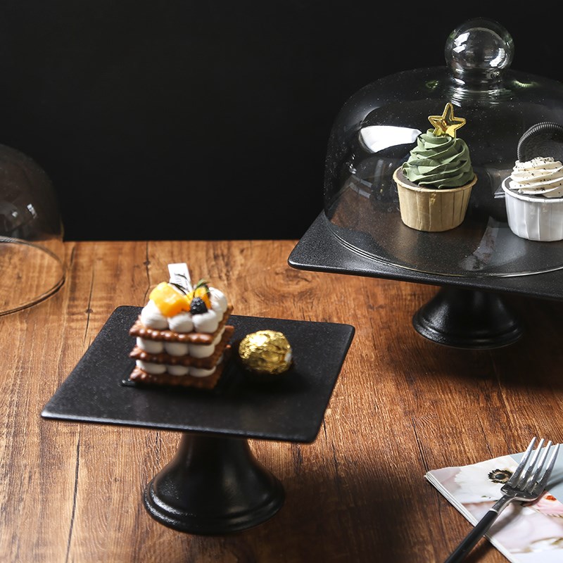 蛋糕托盘高脚面包盘m玻璃罩水果盘黑色下午茶点心盘宴会甜品展示