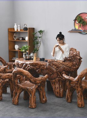 仿根雕喝茶龙桌椅组合茶r具套装一体办公室家用阳台功夫户外泡茶