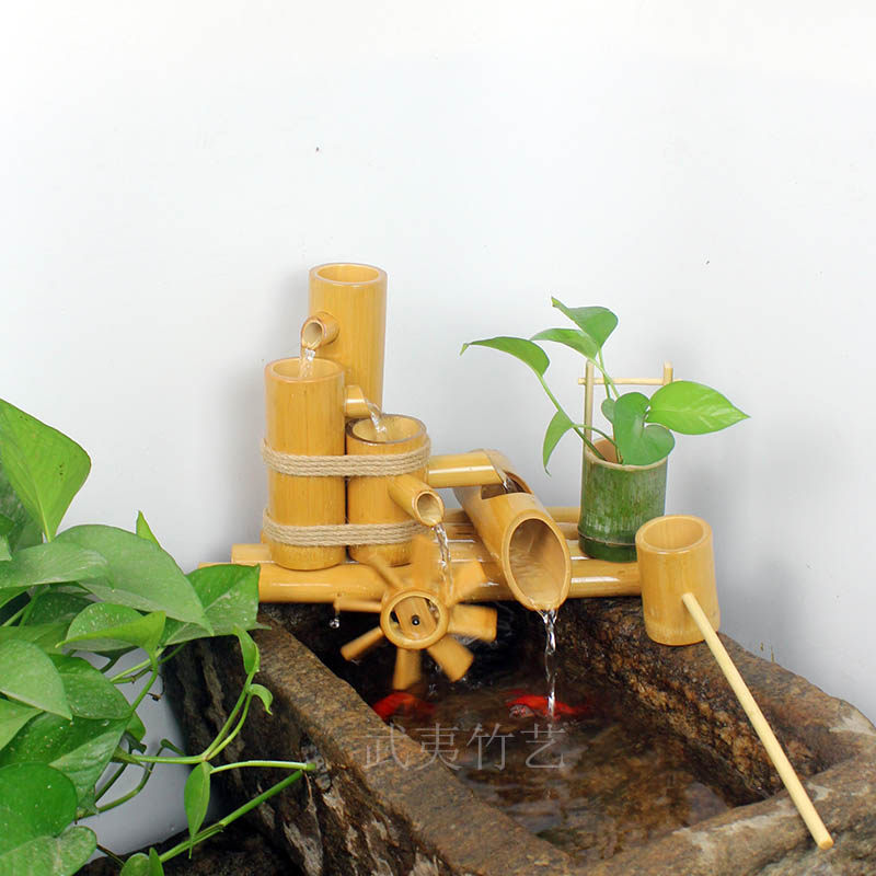 竹子流水过滤器j摆件 鱼缸石槽造景 水轮水车加湿器 鱼缸流水