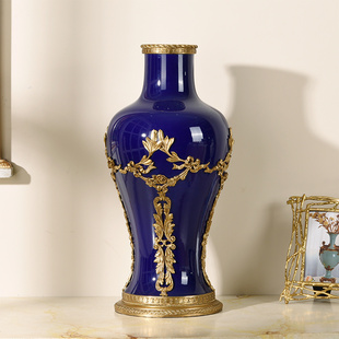 别墅客厅玄关装 红色陶瓷配铜大号花瓶z花器摆件 饰大花瓶 美式 欧式