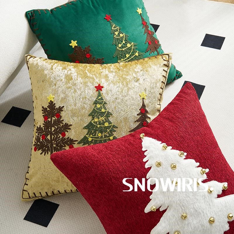 红色圣诞抱枕节日客厅沙发装饰靠垫高级摄影圣诞树刺Y绣铃铛腰靠