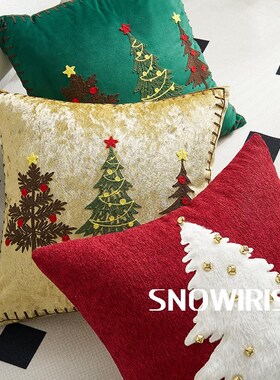 红色圣诞抱枕节日客厅沙发装饰靠垫高级摄影圣诞树刺Y绣铃铛腰靠