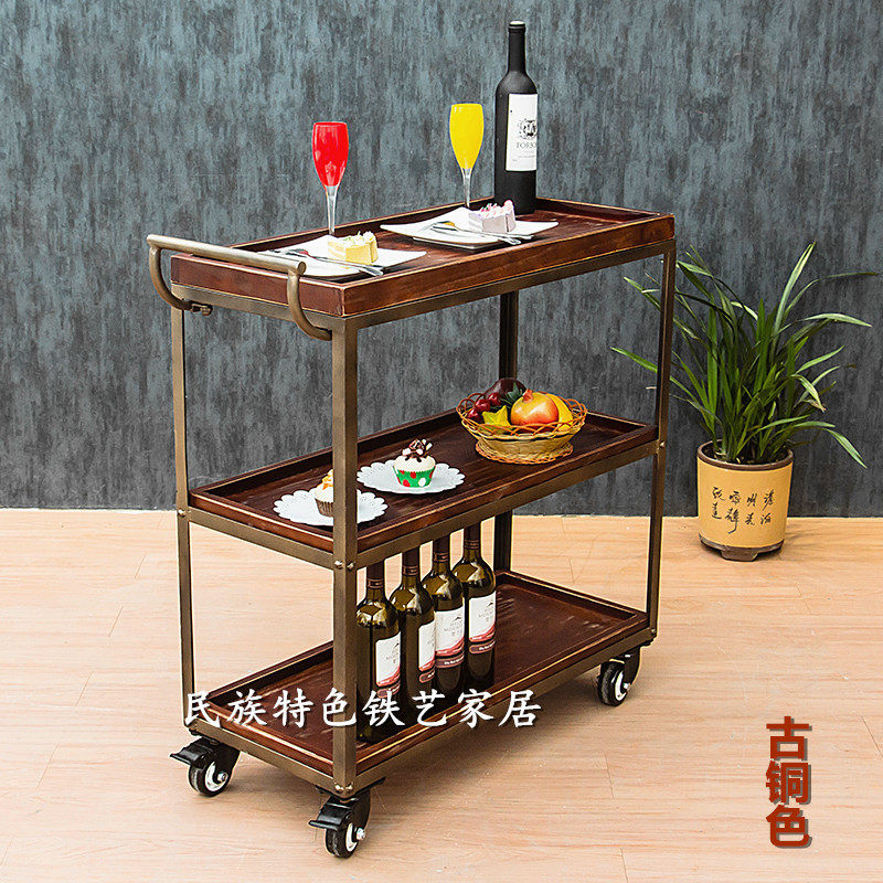 铁艺实木餐车酒水车复p古餐厅手推车移动车酒架酒店餐饮餐盘收集
