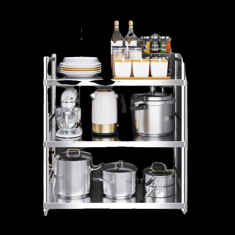 不锈钢置物架厨房带围栏微波炉纳架调料架三层落地锅Y碗餐厅层架