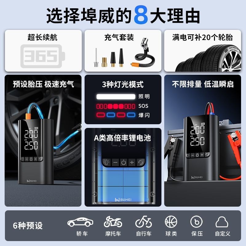 埠威汽车搭电宝充气泵应急启动电源一体机强启车载轮Y胎打气泵补