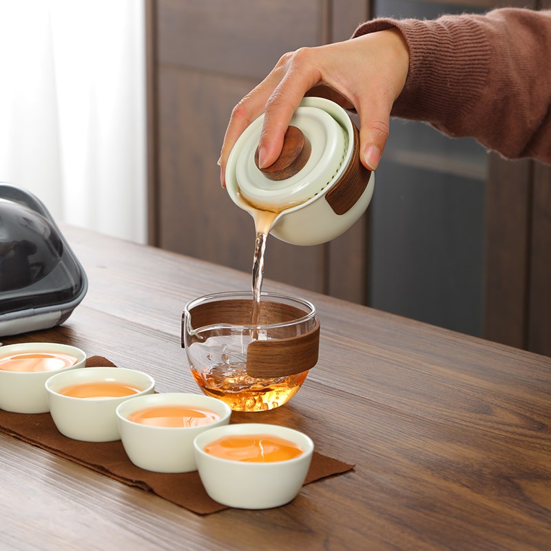 旅行功夫茶具一壶四杯套装快客杯便携式户M外泡茶带公道杯玻璃耐