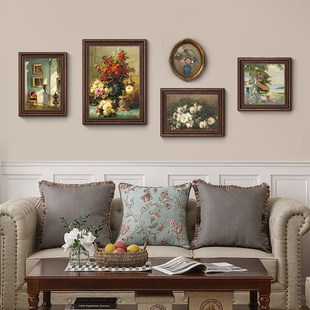 《榴花如火》美式客厅组合装饰画复古沙发背景S墙墙壁画肌理油画