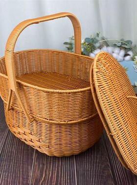 LX201双层椭圆拜拜篮新仿藤收纳筐篮零食手提篮野餐N篮40*30*28/4