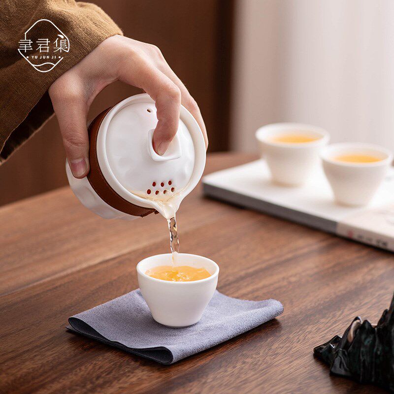 聿君集旅行茶具户外登山露营便A携式陶瓷茶具羊脂玉一壶三杯支持