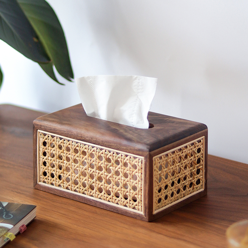 良物集仓 黑胡桃木藤编纸巾盒 轻奢实木抽纸Q盒 家用客厅办公室