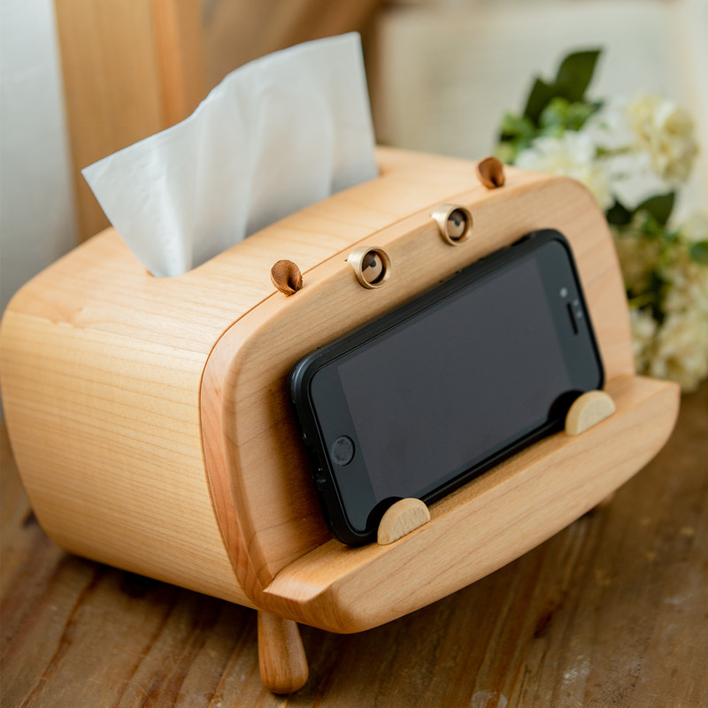 梵瀚 实木可爱k抽纸盒摆件创意多功能手机架家用客厅纸巾盒收纳