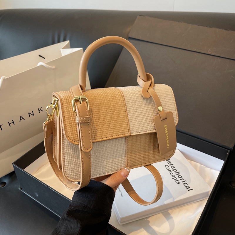 复古时尚拼色手提小包包女士2024新款简约百搭小方包高级感斜挎包
