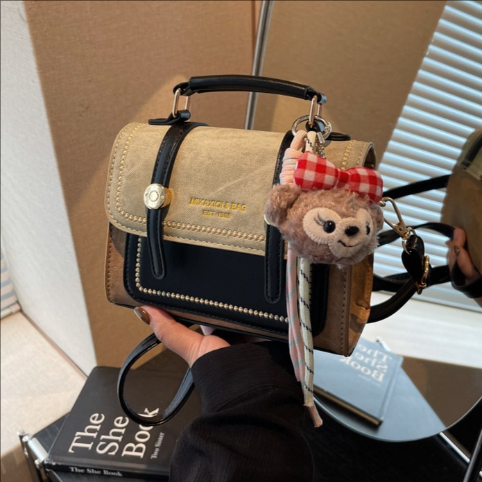 洋气英伦风双拼手提小方包秋冬新款慵懒风女包休闲单肩斜挎包