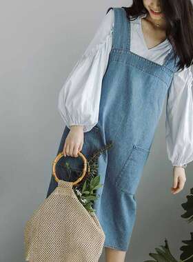 牛仔围裙ins反穿上班r时尚女花艺师美甲画画美术生工作服厨房家用